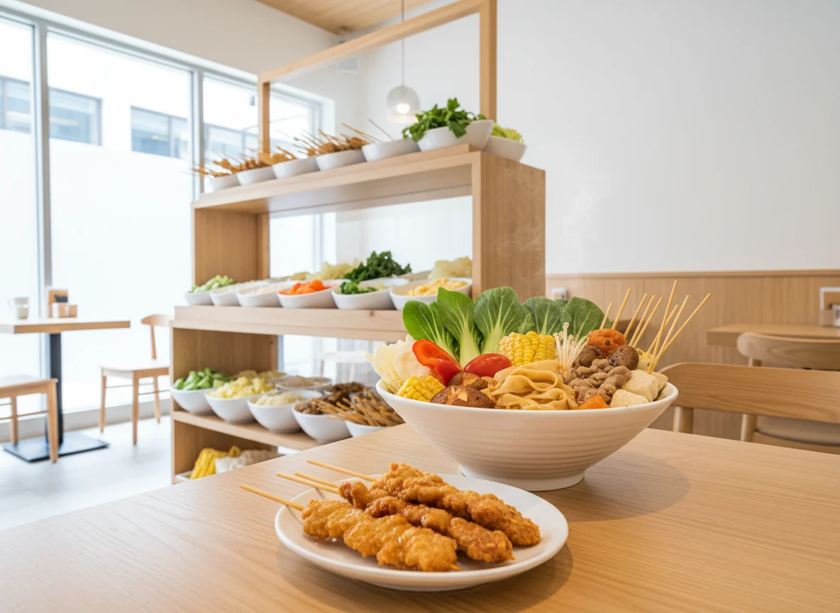 きつね色に揚がった肉の串料理を白い皿に盛り付けた料理写真