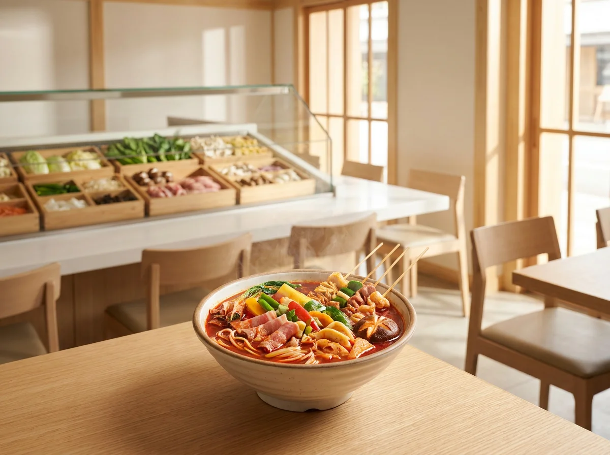 赤い麻辣スープに野菜、肉、きのこがたっぷり入った麻辣湯の器